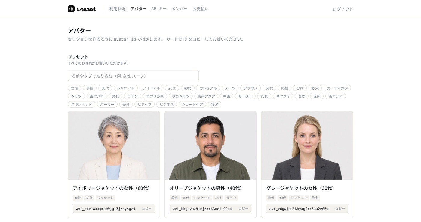 avacast 管理画面のアバター一覧