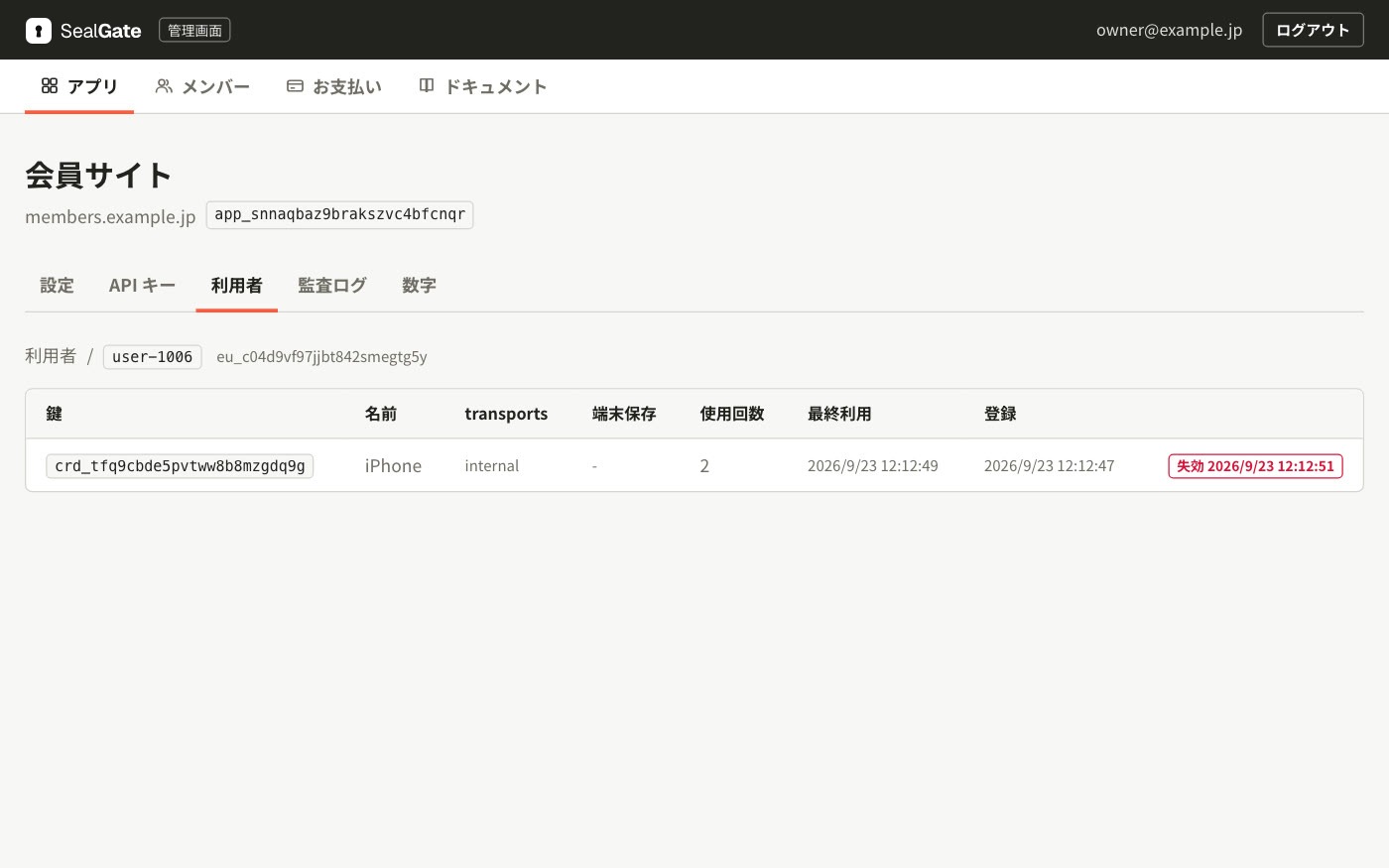 SealGate 管理画面の利用者の詳細
