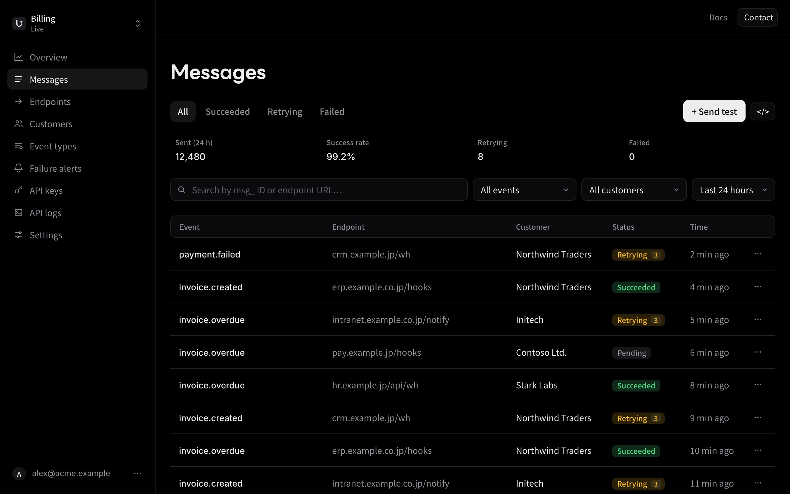 Webhook Admin の配信記録の一覧